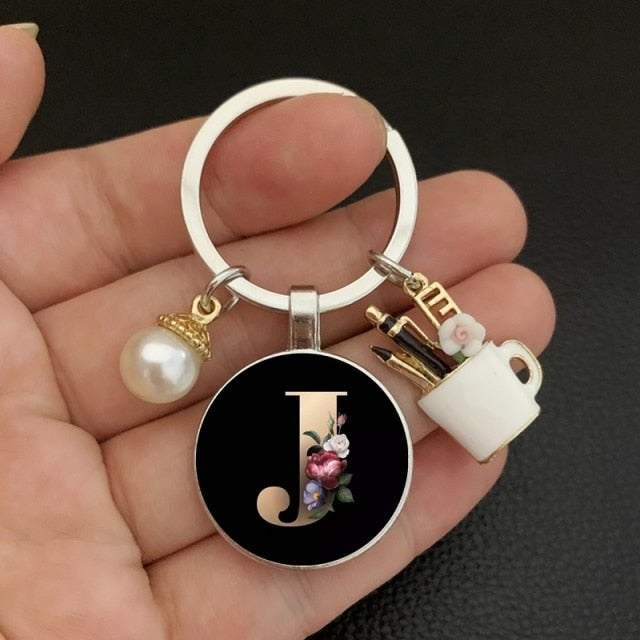 black A-Z letter pattern glass cabochon pearl keychain-26 lettters A-Z-J-Pink-All10dollars.com