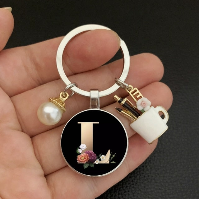 black A-Z letter pattern glass cabochon pearl keychain-26 lettters A-Z-L-white-All10dollars.com