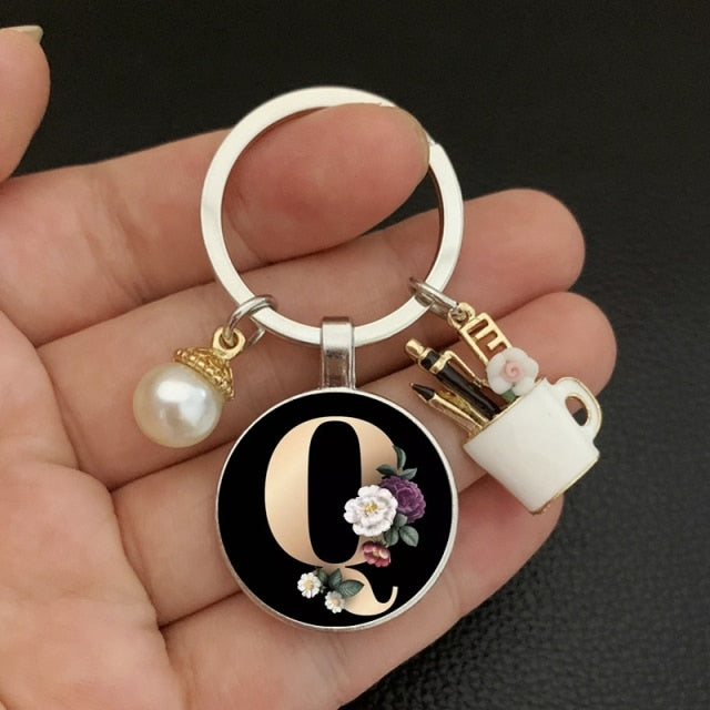 black A-Z letter pattern glass cabochon pearl keychain-26 lettters A-Z-Q-black-All10dollars.com