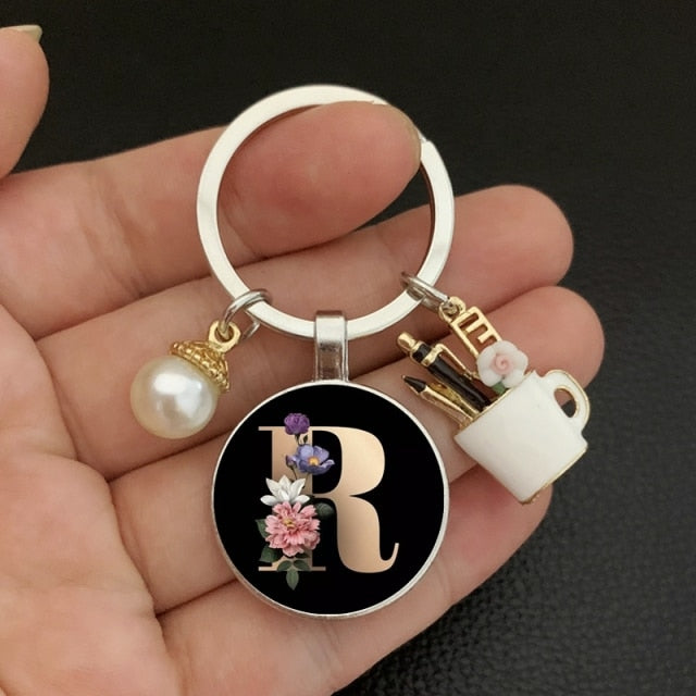 black A-Z letter pattern glass cabochon pearl keychain-26 lettters A-Z-R-Pink-All10dollars.com