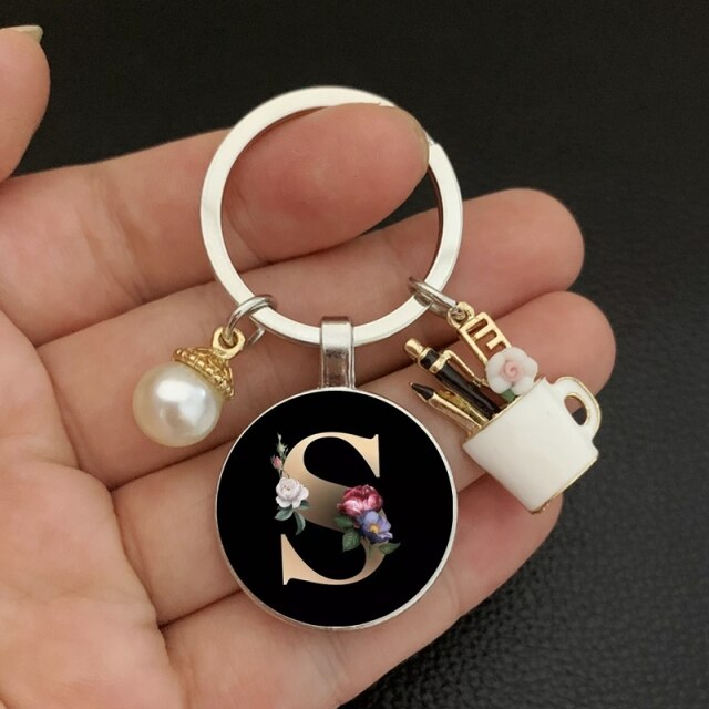 black A-Z letter pattern glass cabochon pearl keychain-26 lettters A-Z-S-Pink-All10dollars.com