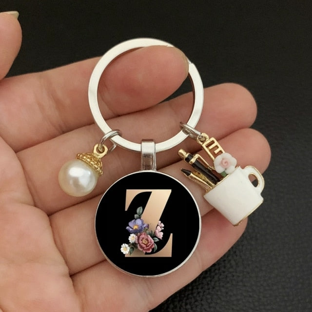 black A-Z letter pattern glass cabochon pearl keychain-26 lettters A-Z-Z-Pink-All10dollars.com