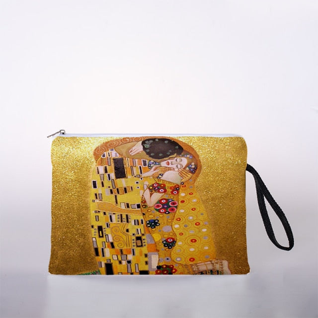 Golden oil painting cosmetic bag ladies mini storage bag travel handbag-3-L-All10dollars.com