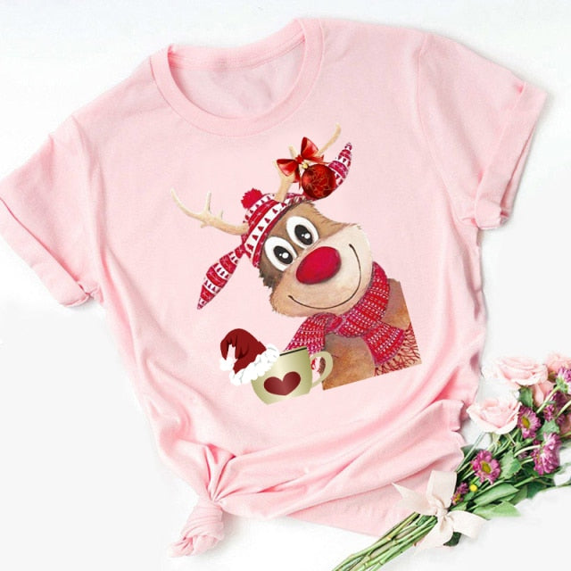 Christmas Cartoon Printed Tops Women and Women T Shirt-christmas tees-33423-Pink-XL-All10dollars.com