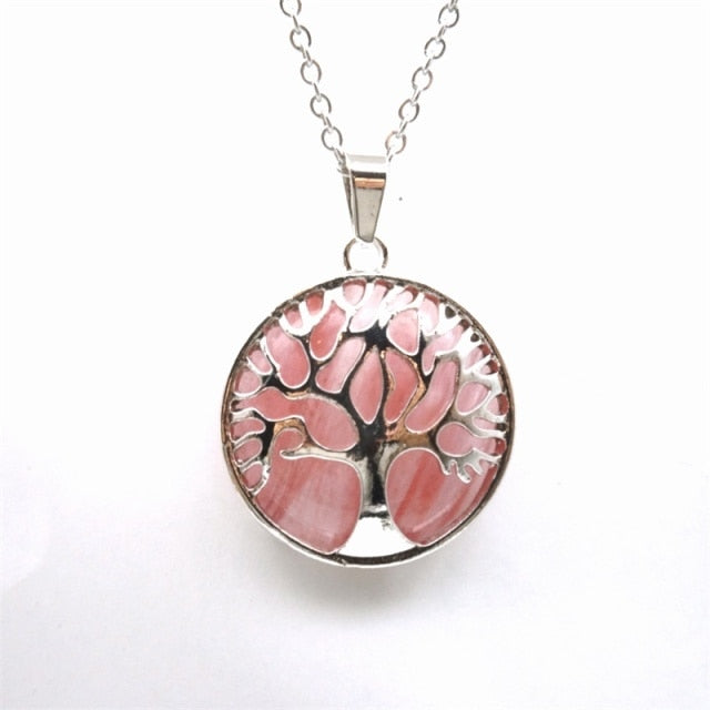 Tree of Life Necklaces Round Quartz White Crystal Tiger Eye Opal Pendants Jewelry-tree of life necklace-Watermelon red-45cm-All10dollars.com