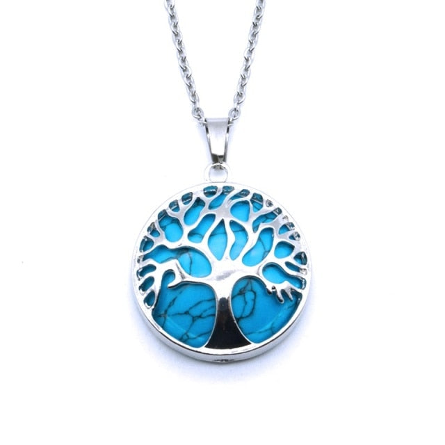 Tree of Life Necklaces Round Quartz White Crystal Tiger Eye Opal Pendants Jewelry-tree of life necklace-blue imitation-45cm-All10dollars.com