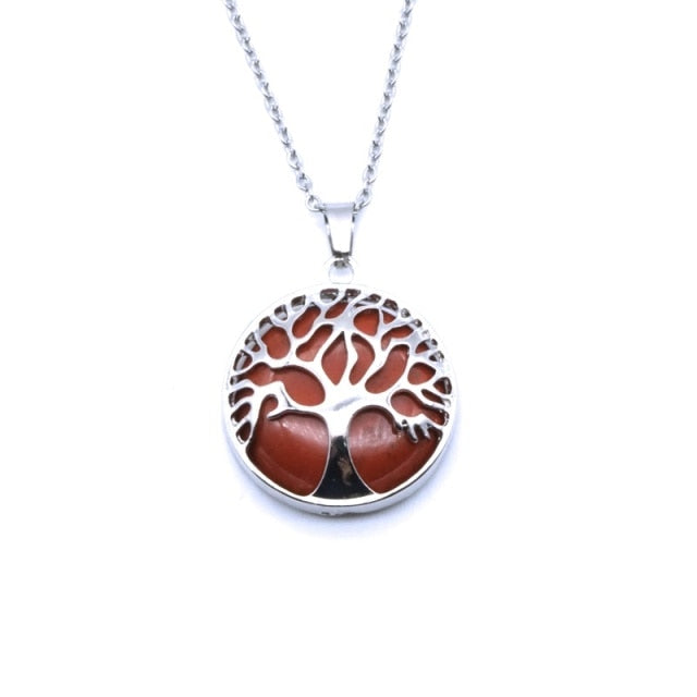Tree of Life Necklaces Round Quartz White Crystal Tiger Eye Opal Pendants Jewelry-tree of life necklace-red stone-45cm-All10dollars.com