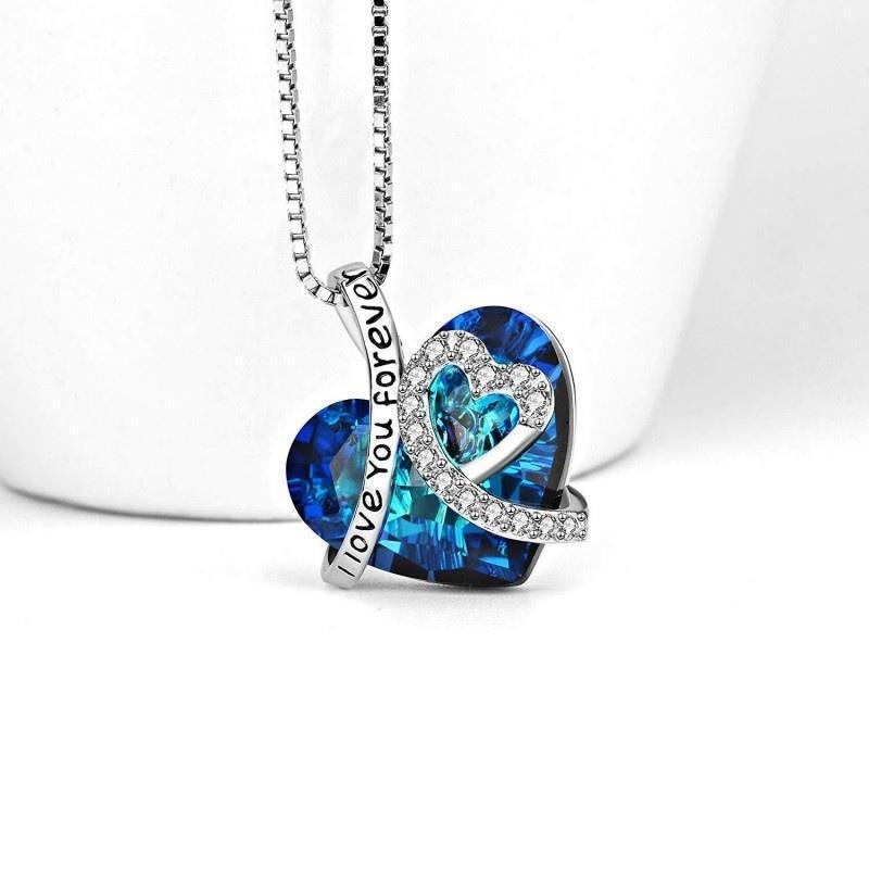 Trendy I Love You Forever Letter Heart Pendant Necklace Women Elegant Blue Cubic Zircon Women's Necklace Wedding Jewelry-heart necklace-All10dollars.com